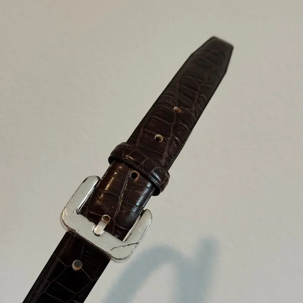 Vintage Ann Taylor Dark Brown Croc Embossed Leather Belt Silver Metal Buckle S